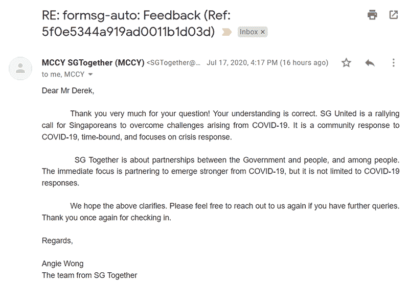MCCY's email explaining what is SG United