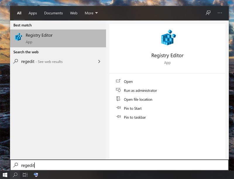 Searching for Windows Registry Editor