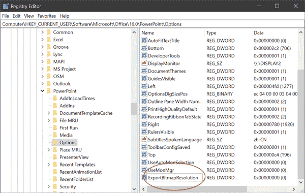 create exportbitmapresolution key in registry editor