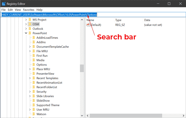 search bar of the registry editor